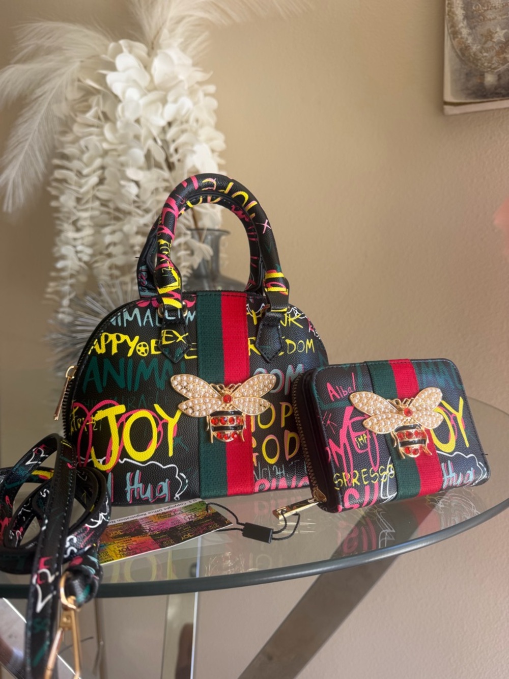 Black Graffiti Bee Accent Satchel and Wallet Set
